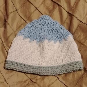 Handmade Crochet Beanie - Women's Size Large Blue and White